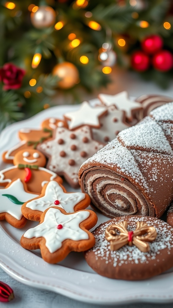 A festive display of Christmas desserts including gingerbread cookies and a chocolate yule log.